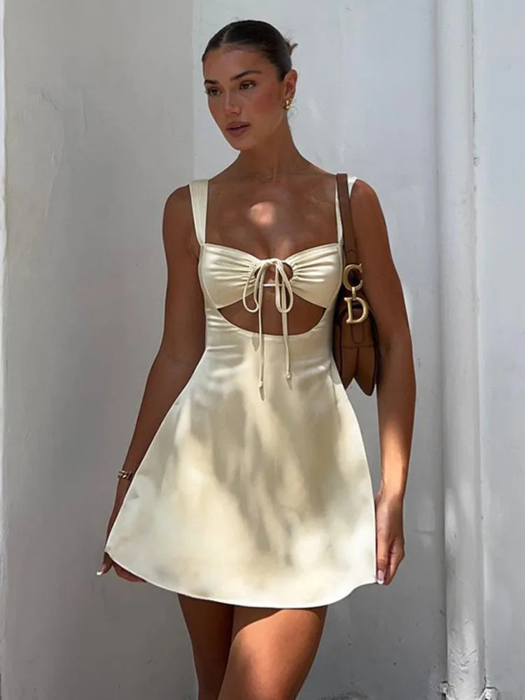 Hollow Out Bandage Mini Dress for Summer New Spaghetti Sleeveless Backless Bodycon Club Party Dress