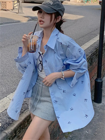Printed Blue Shirts Autumn Daily Mujer New Loose High Street Full Sleeve Office Lady Coats
