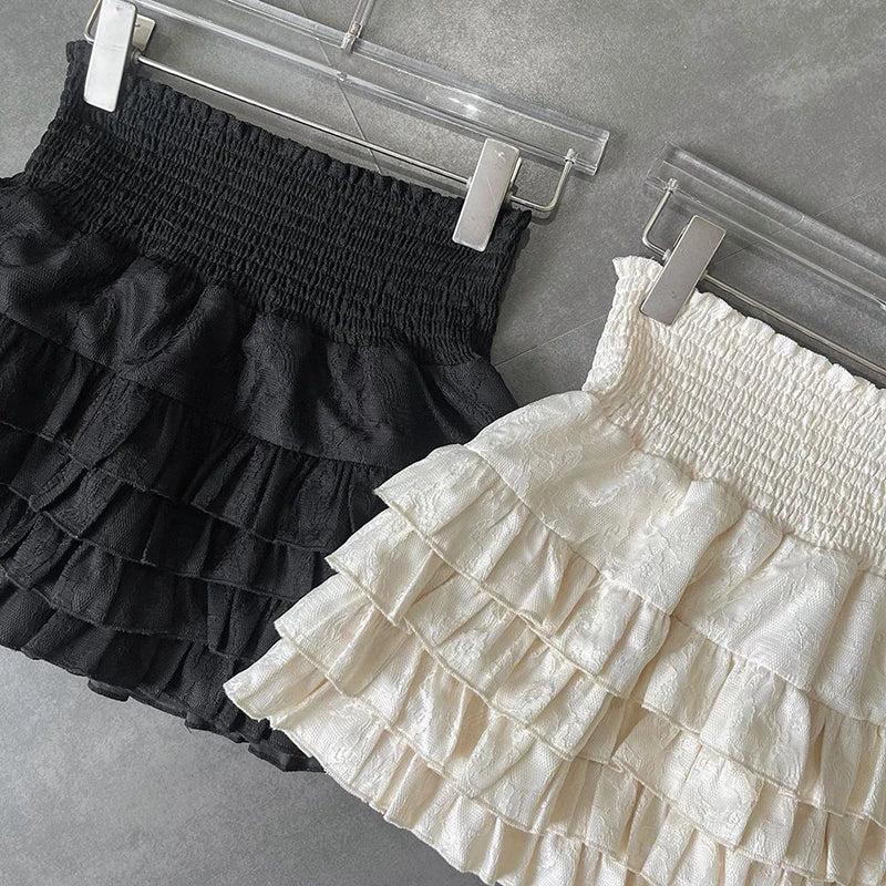Y2k Ruffles Mini Skirts Sweet Kawaii High Waist Lace a Line Skirt Summer Korean Black Ball Gown Skirts