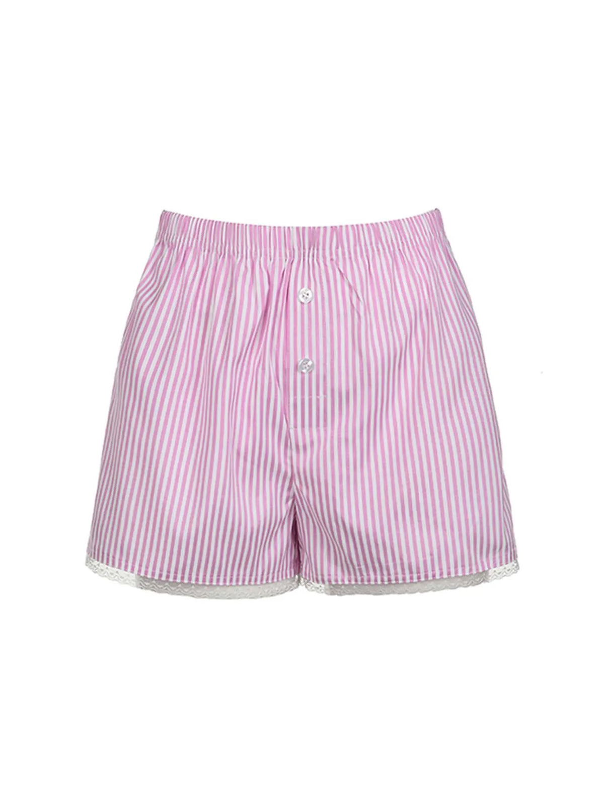 Pink Sweet Y2k Lace Trim Stripe Summer Shorts Japanese Kawaii Elastic Waist Button Loose Vacation Outfits