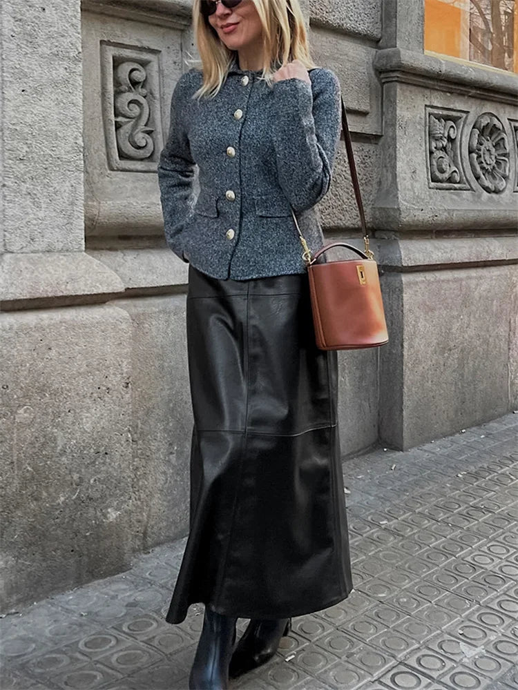 Black Pu High Waist Long Skirt for Patchwork Commute Slim Autumn Plaid Skirt Female Maxi Skirt