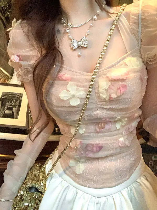 3d Flower Lace Top Lace Up Bubble Sleeves Blouses Summer Bow Waist Wrap Slim Sweet Spicy Girl Short Shirts Tops
