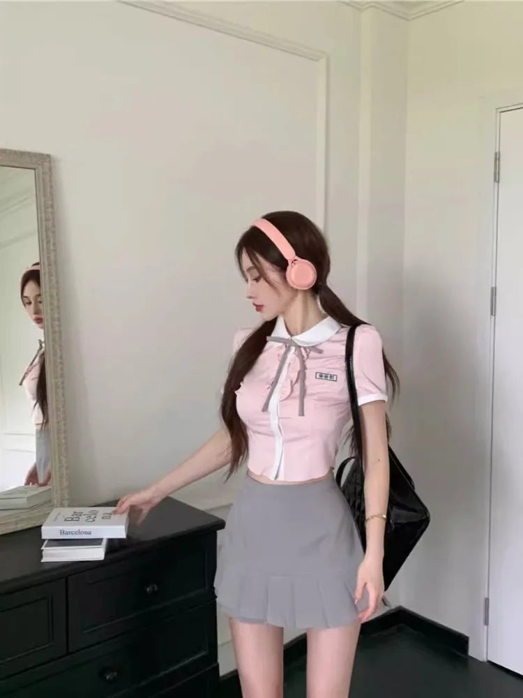 Kawaii Pink Blouse Preppy Style Short Sleeve Lace Up Lapel Collar Shirt Summer Slim Fit Aesthetics Clothes