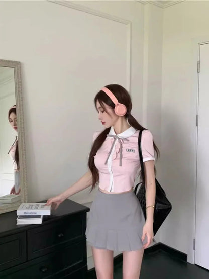 Kawaii Pink Blouse Preppy Style Short Sleeve Lace Up Lapel Collar Shirt Summer Slim Fit Aesthetics Clothes
