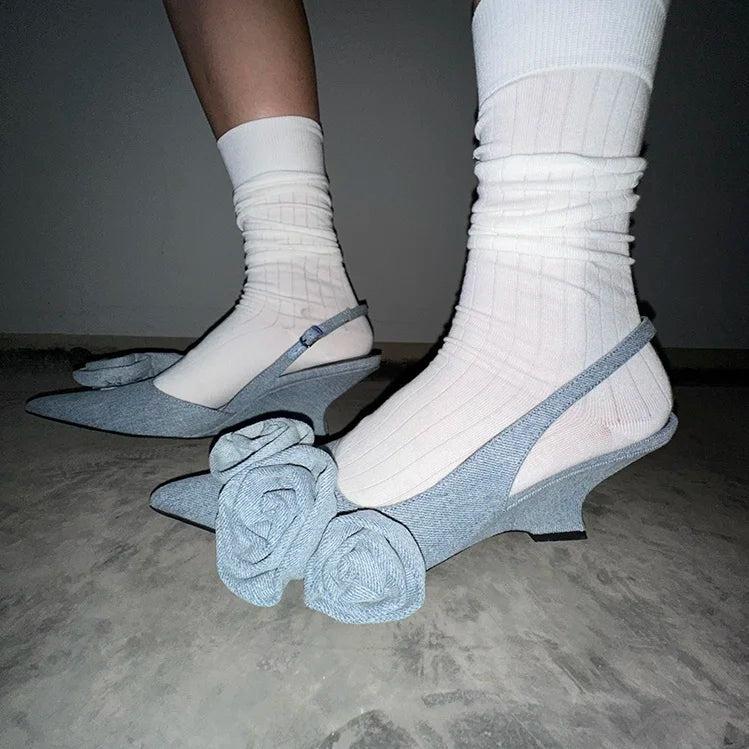 Denim Flower Wedges Sandals Pointy Toe Back Straps Summer Shoes Lady Unique Street Dress Party Shoes