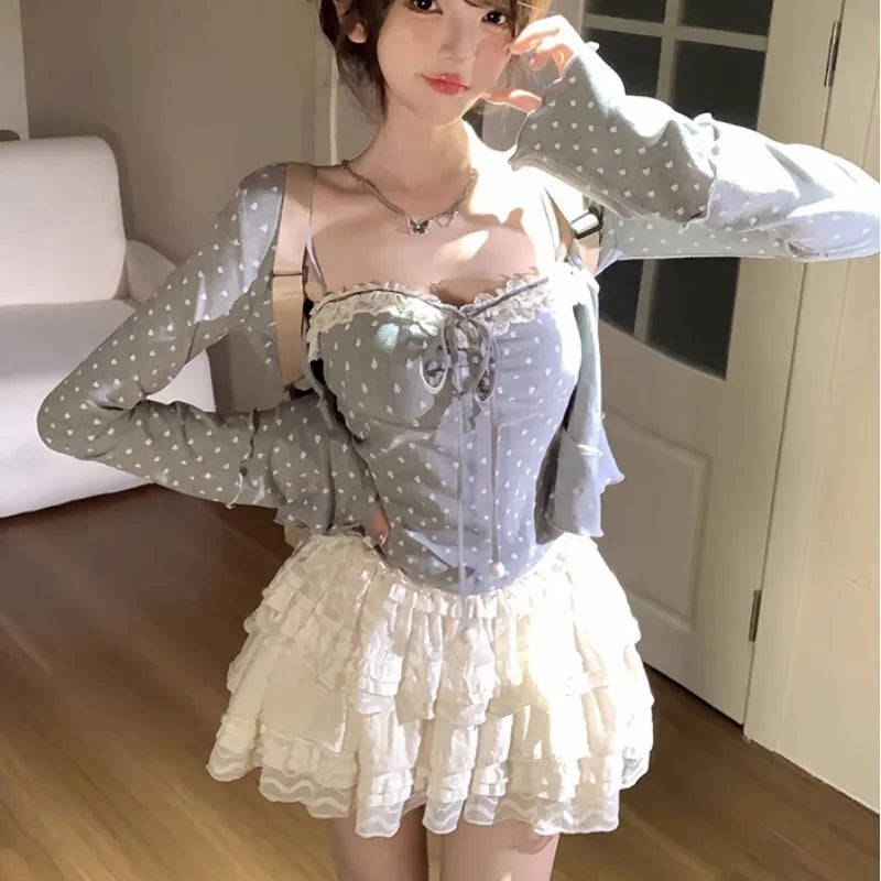 Autumn New Sweet 3-piece Skirt Set Spaghetti Strap Top Cardigan Mini Cake Skirt Y2k Kawaii Korean Suit Clothing