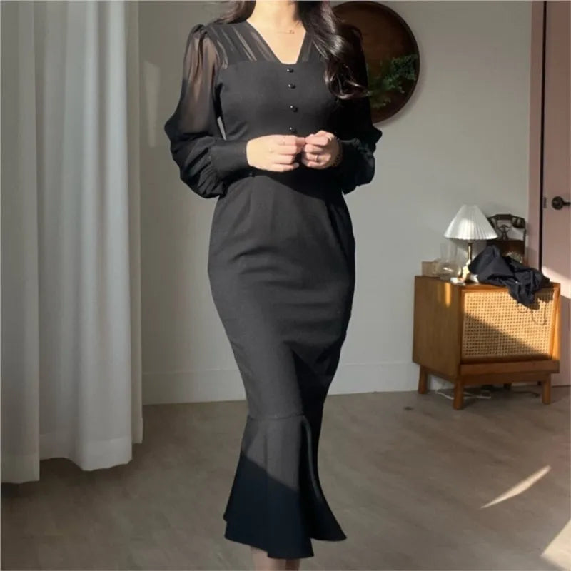 Korean Bodycon Midi Dresses for Mesh Patchwork Long Sleeve Fishtail Office Lady Mermaid Party Dress Slim Mermaid