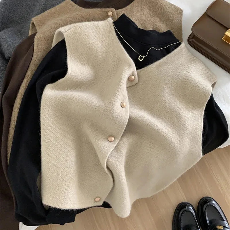 Autumn New Cardigan Korean Knitted Sleeveless Female Sweater Tanks New Slim Tops