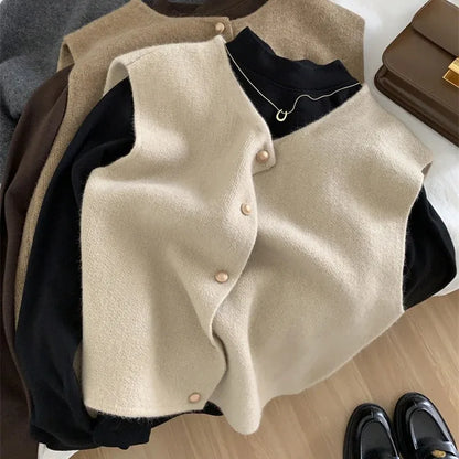 Autumn New Cardigan Korean Knitted Sleeveless Female Sweater Tanks New Slim Tops