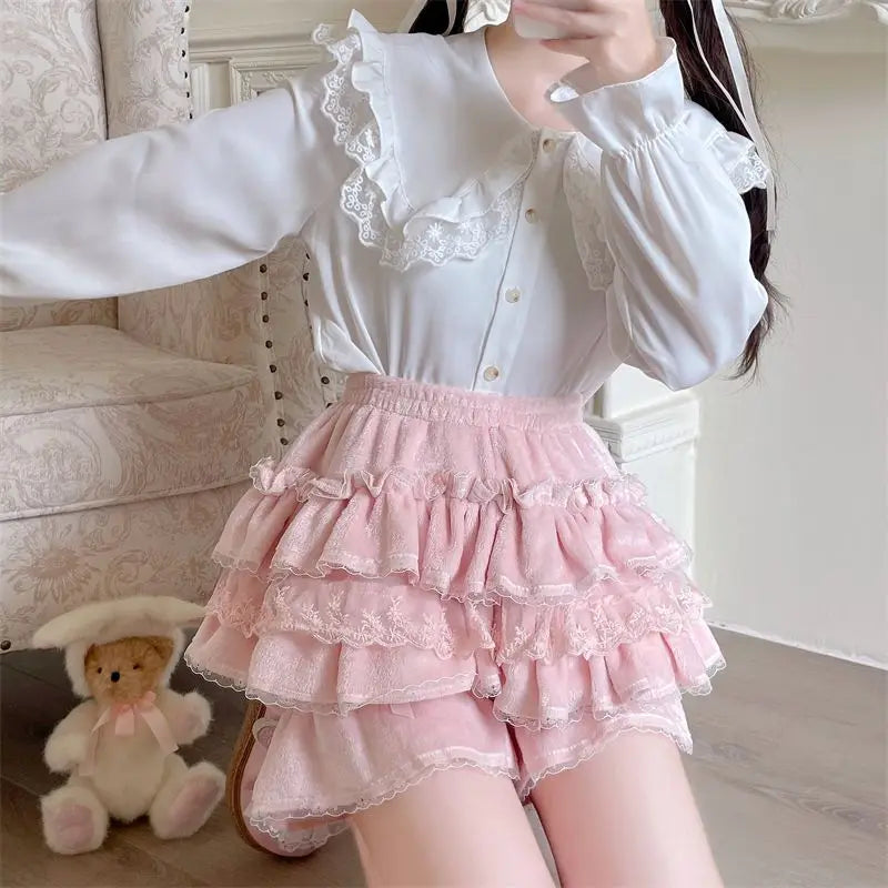Autumn Japanese Soft Girl Warm Pumpkin Pants Leggings High Waist Pink Cake Skirts for Sweet Lolita Aline Shorts Skirts