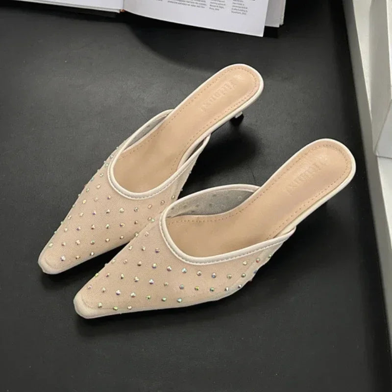 Summer Mesh Rhinestone High Heels Breathable Pointy Toe Shallow Mouth Dress Shoes Slippers Female