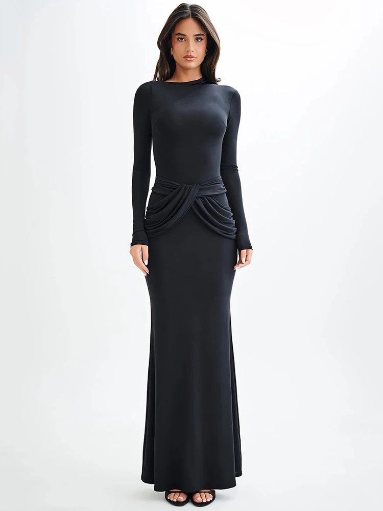 Diagonal Collar Long Sleeve Maxi Dress for Autumn Winter New High Waist Ruched Bodycon Long Dress