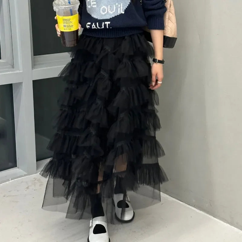 High Street Pleated Loose Midlength Skirt Summer New Korean Color All Match Mesh Aline Skirt