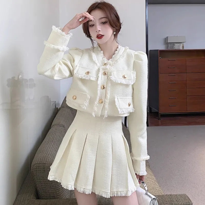 Tweed Suit 2-piece Skirt Set Autumn Winter New French Style Cropped Jacket Coat Mini Skirt Korean Female Outfits