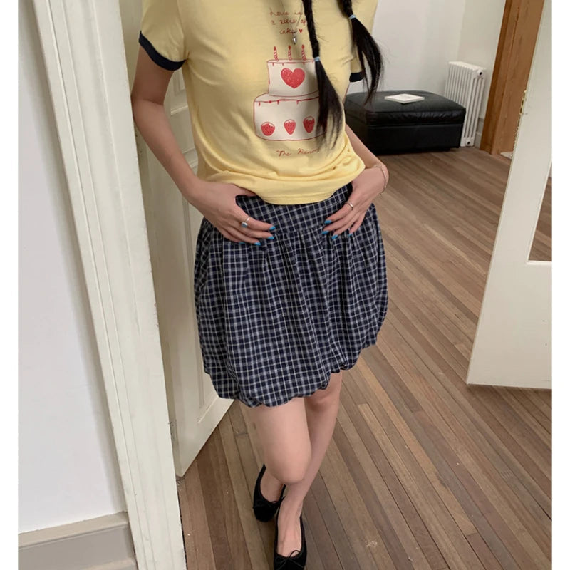 Korean Contrast Color Plaid Sweet Bud Skirt Summer New High Waist Loose Pleated Mini Skirt