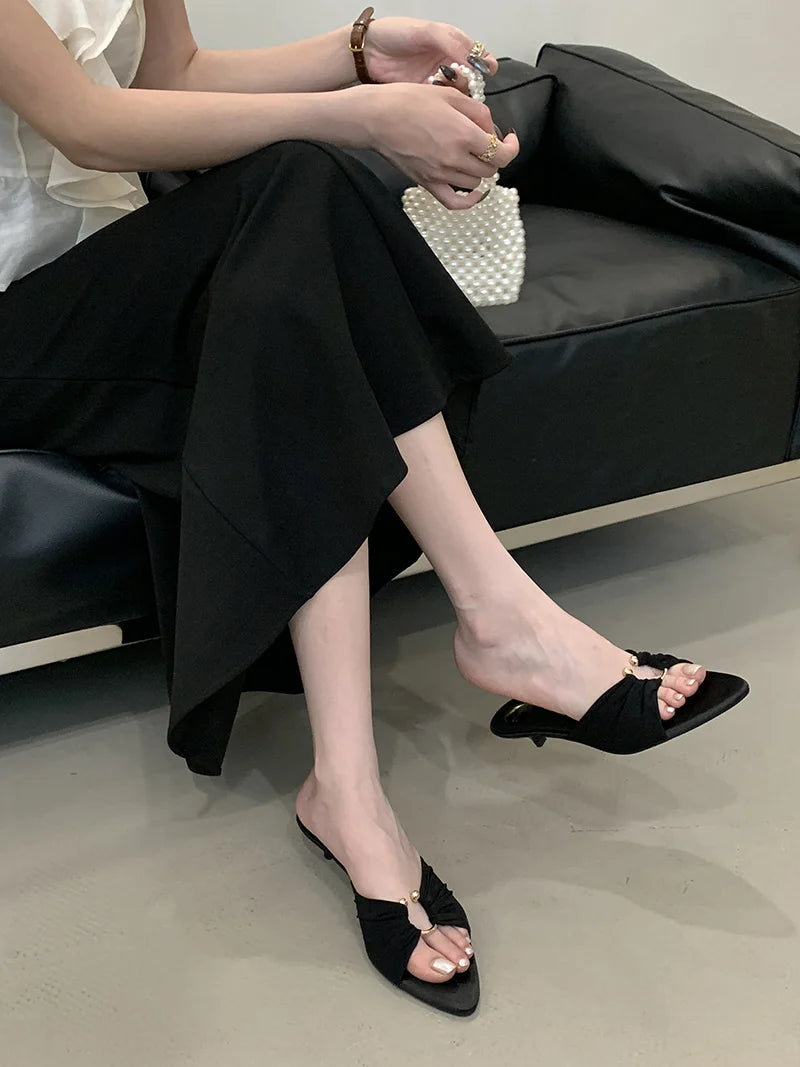 Pleated Silk Hollow Out Metal Buckle Slippers Sandal Summer Pointed Toe Low Thin Heels Beach Party Female Shoes