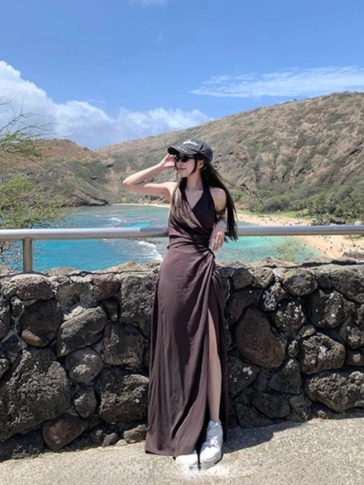 French Vneck Midi Dress Female Beach Style Clothing Summer Retro One Piece Dress Korean