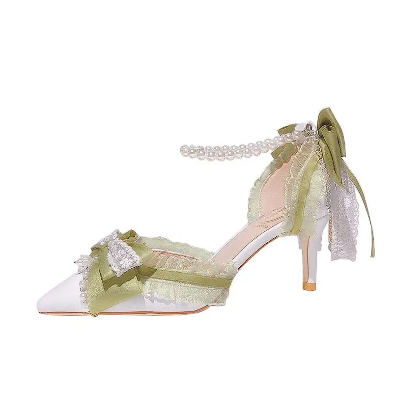 Lolita High Heels for Pearl Lace Green Designer Shoes High End Knot Bridal Shoes Trending
