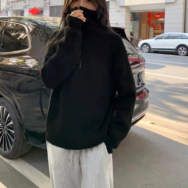 High Street Loose Thread Long Sleeve Sweater Autumn New Turn Down Collar Zipper Color Cashmere Knit Tops