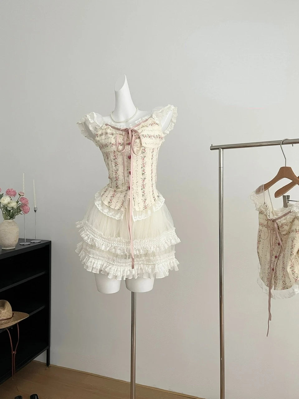 2000s Japanese Kawaii Suits Lolita 2 Piece Skirt Set Even Party Clothing Y2k Crop Top Blouse + Slim Skirts