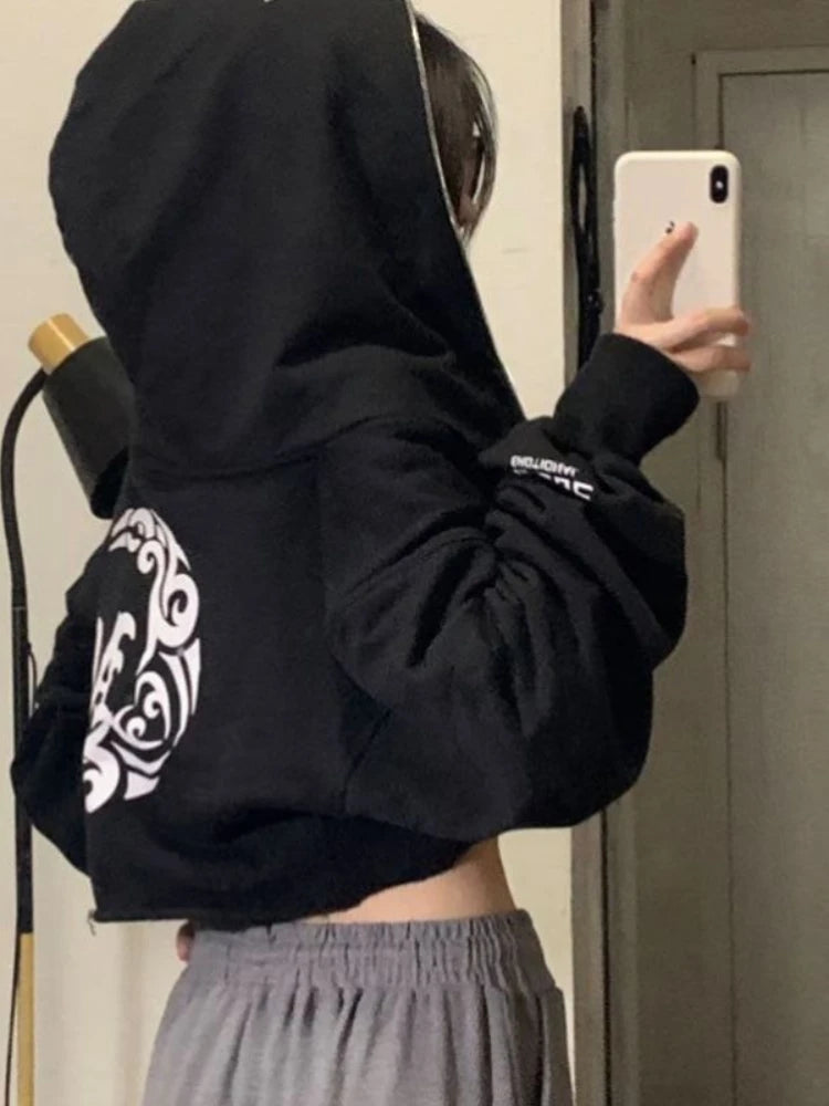 Goth Print Hoodies Retro Harajuku Hip Hop Jacket High Street Zip Up Hoodie Sweatshirt Clothes Y2k Crop Tops