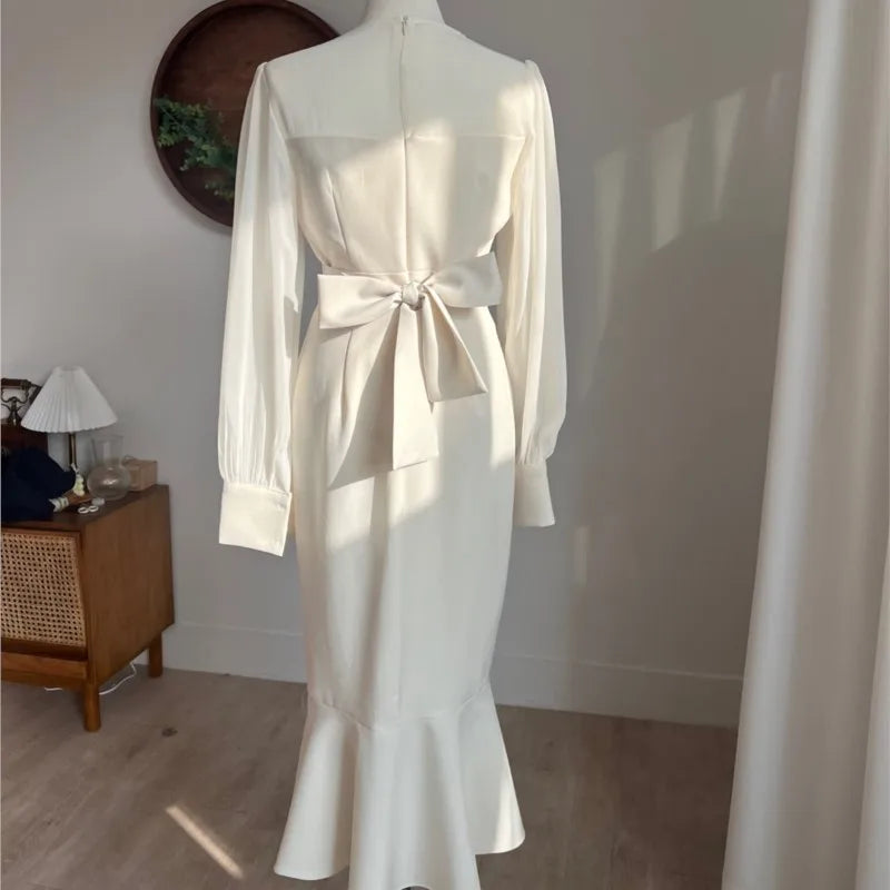 Korean Bodycon Midi Dresses for Mesh Patchwork Long Sleeve Fishtail Office Lady Mermaid Party Dress Slim Mermaid