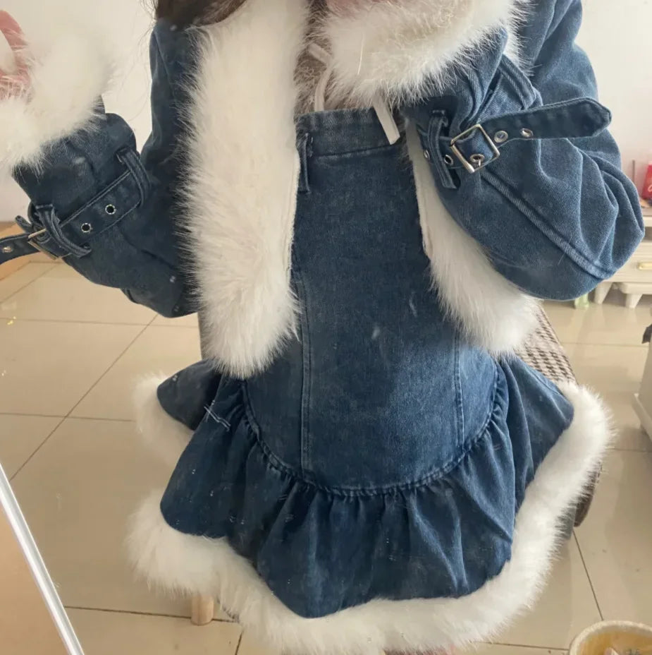 Autumn Winter Korean Temperament Patchwork Plush Denim Jacket + Slip Dress Pants Slimming Versatile 2 Pieces Set