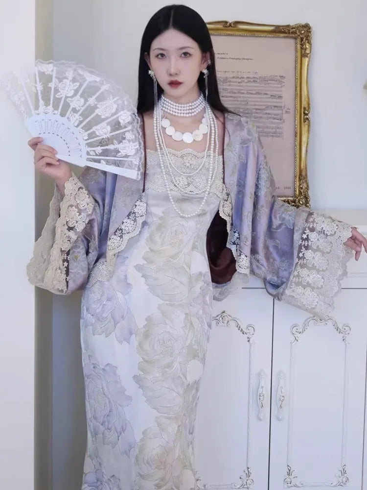 New Chinese Style ’s Two-piece Dress Set Lace Patchwork Cardigan Spaghetti Strap Lace-up Long Dress Female Suit