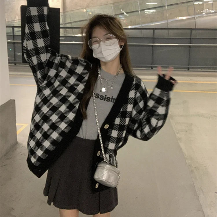 Harajuku Sweet Chessboard Grid Knitted Cardigan Autumn Loose Long Sleeve Sweater Y2k Grunge Single Breasted Cardigans
