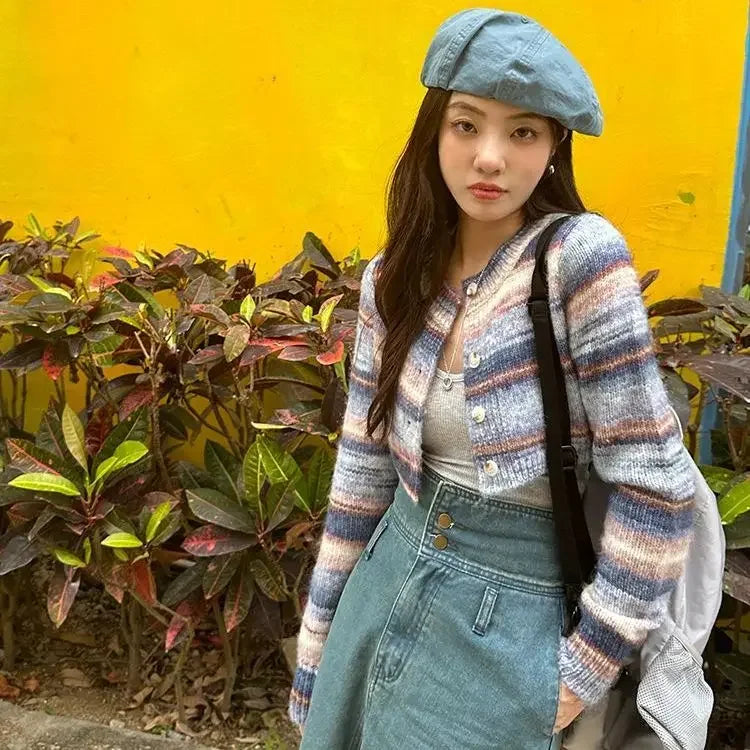 Striped Short Knitted Cardigan Spring and Autumn New Gentle Soft Glutinous Sweater Coat Slim Design Top