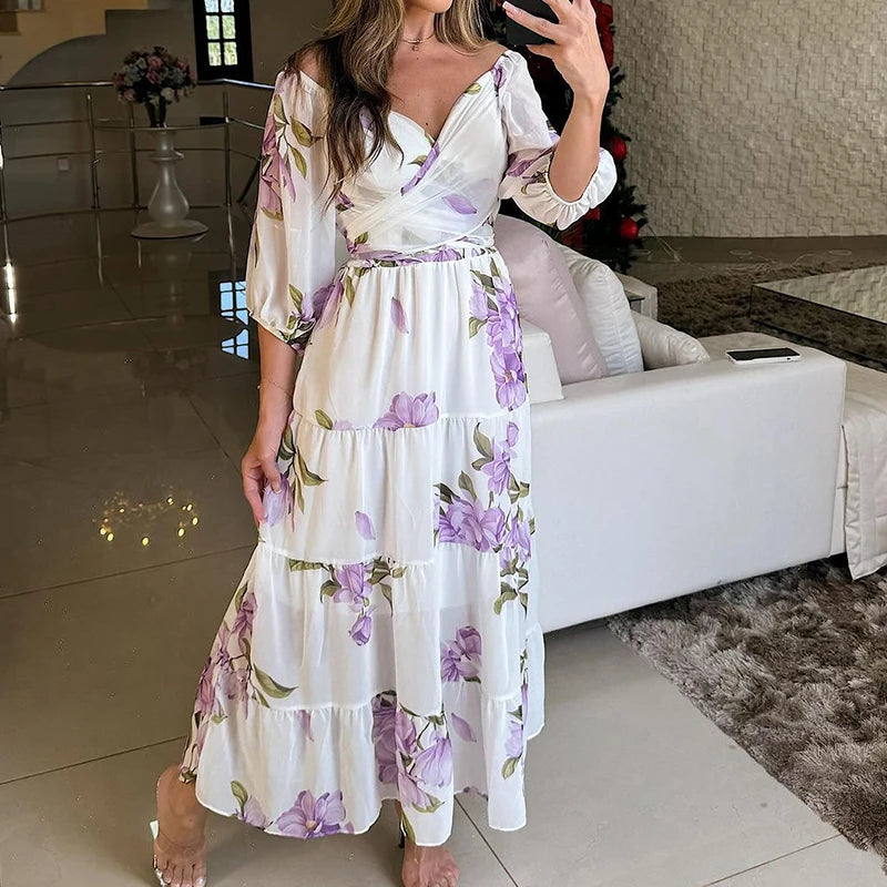 Half Sleeve Swing Beach Long Dress Female Draped Loose Party Dress Print Off Shoulder Pleat Dress