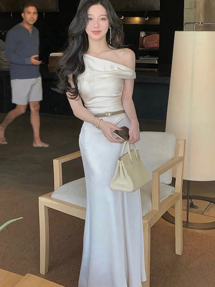 Bodycon Satin Long Dresses for Off Shoulder French Mermaid Wedding Evening Party Dress Prom Robe Vestidos