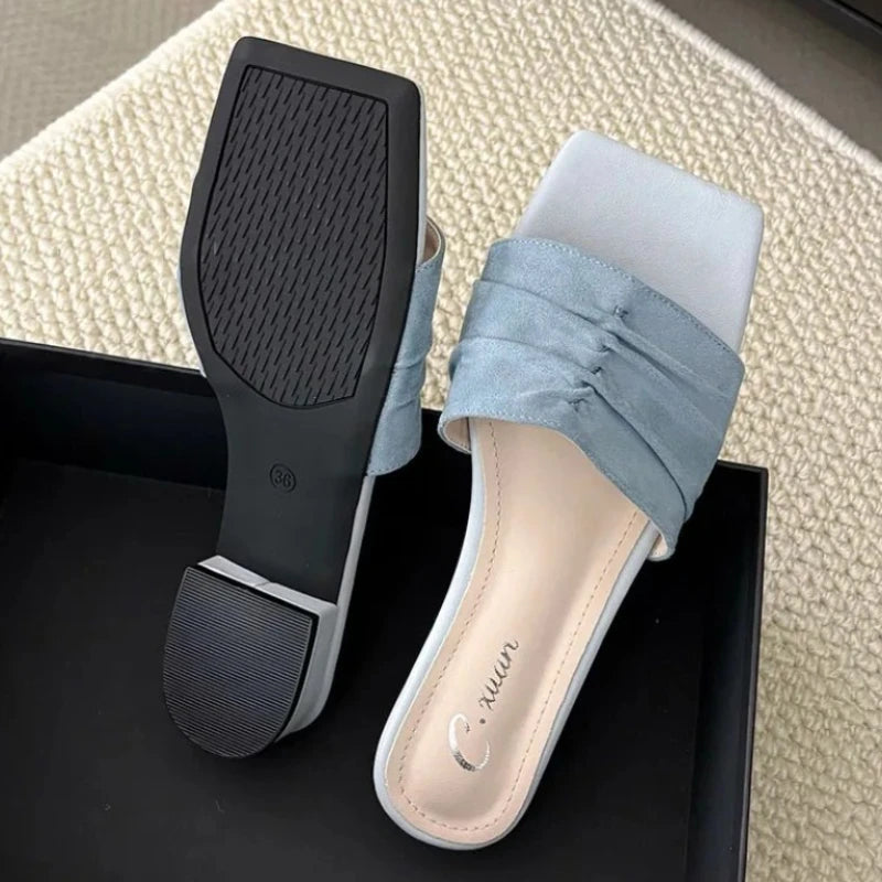 Square Toe Slippers Low Heel Slides Female Comfort Nonslip Summer New Sandals Flats Beach Shoes