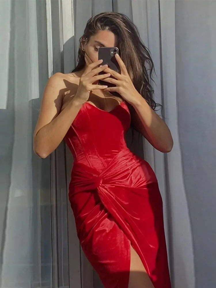Velvet Tube Long Dresses Slim Knot Slit Evening Dress Female Spring Street Party Vestidos