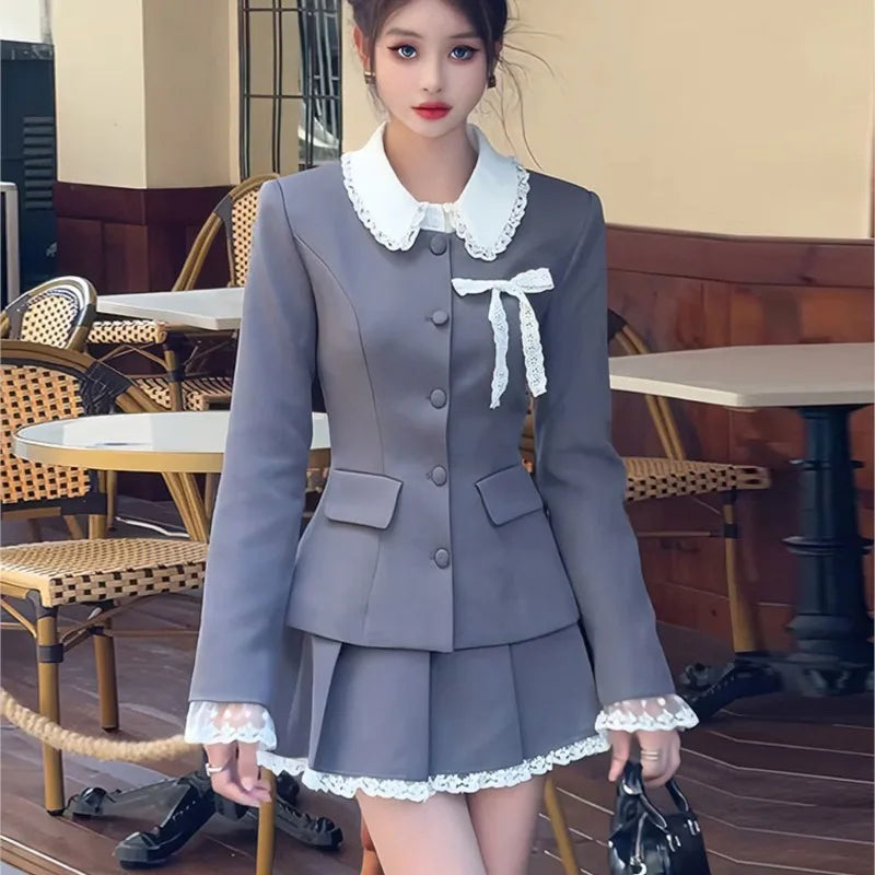 Two-piece Skirt Set Long Sleeve Single Breasted Blazer Coat Lace Pleated Mini Skirt Autumn Korean Outfits