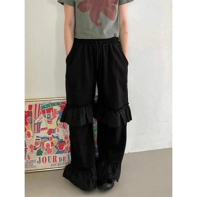 Korean Retro Ruffled Stitching Drawstring Pants Spring and Summer White Flare Pants