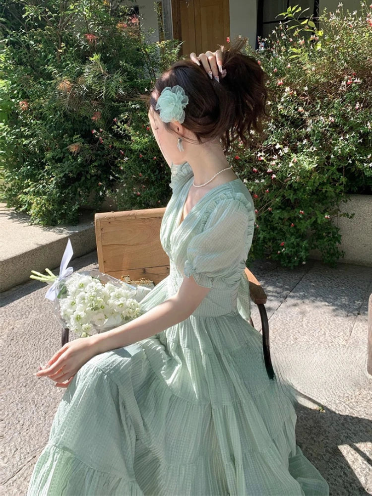 French Evening Party Dress Summer Beach Style Vneck Midi Dress Female Short Sleeve Korean Clothing