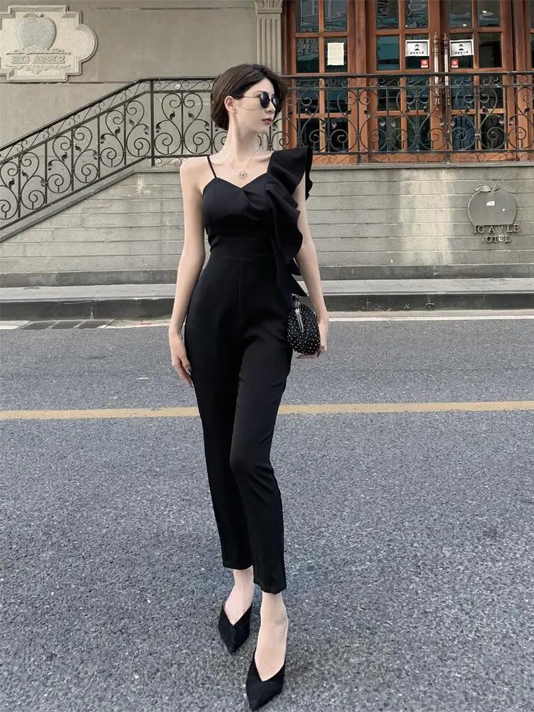 Summer Outfit New Stylish Socialite Slim Fit Ruffled Sleeves Temperament Queen Jumpsuit Pencil Pants