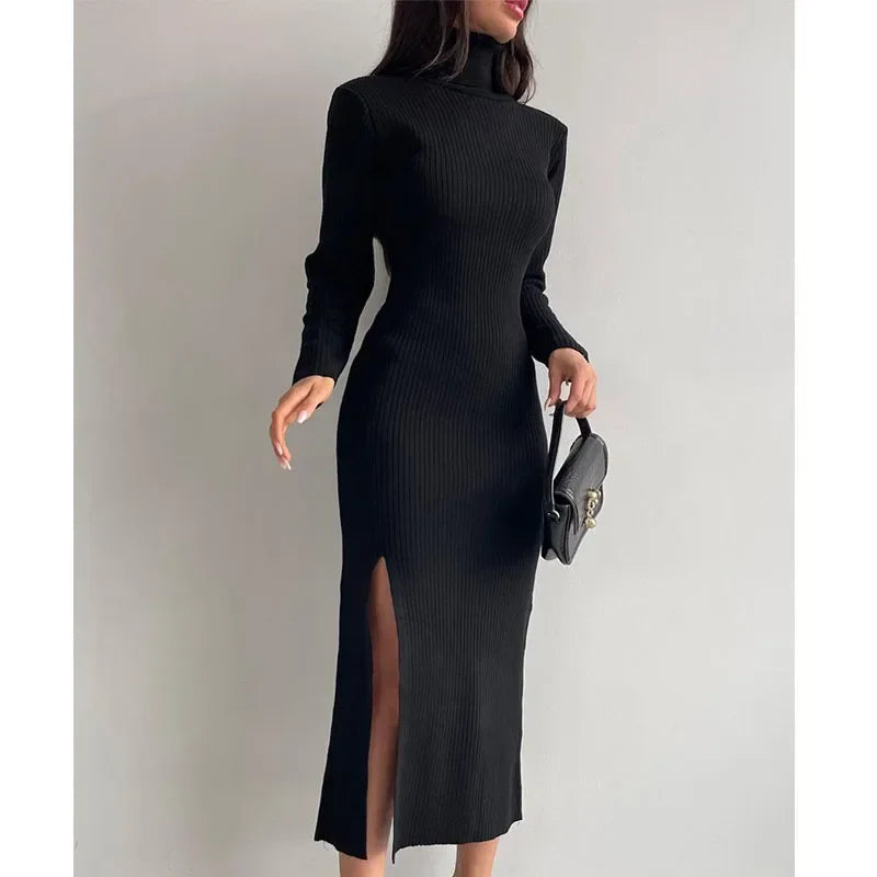 Kylethomasw Slim Fit Split Knit Dress Woman Winter Long Sleeve Sweater Dress Officelady Dress Robes