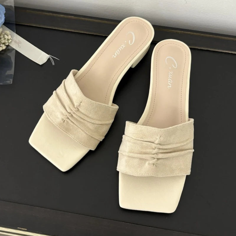 Square Toe Slippers Low Heel Slides Female Comfort Nonslip Summer New Sandals Flats Beach Shoes