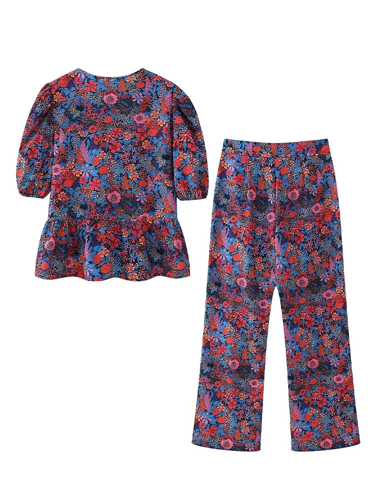 2 Piece Set Printed Lace Up Blouse Top Oneck Short Sleeve Tshirt Loose High Waist Wide Leg Pant