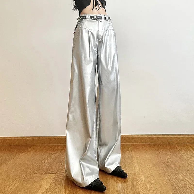 Silver Retro Matte Personalized Allmatch High Street Cool Confident Autumn Wide Leg Pants