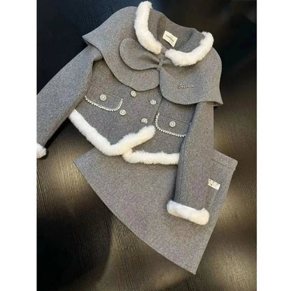 Sweet Hot Girl Suit Autumn/winter Fur Collar Padded Coat Highwaisted Aline Skirt Twopiece Set Female Clothes