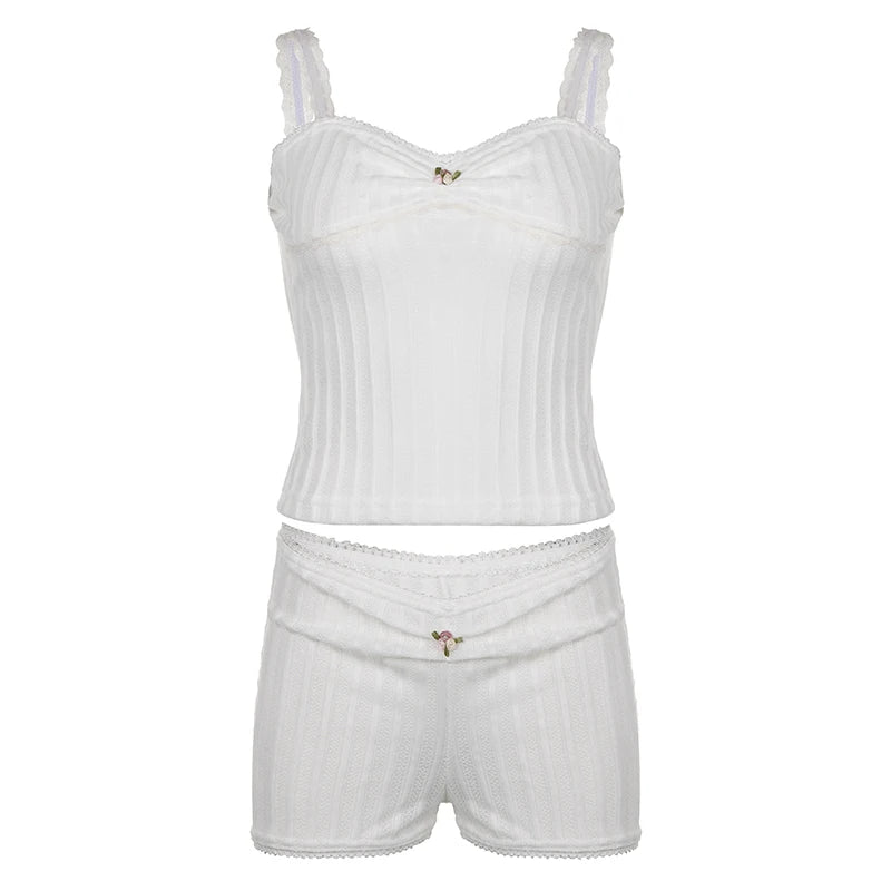 Woman Hot Pants Japanese Outfits Gyaru Tank Top Shorts Halter Top Sets Crochet New Trend Top Core