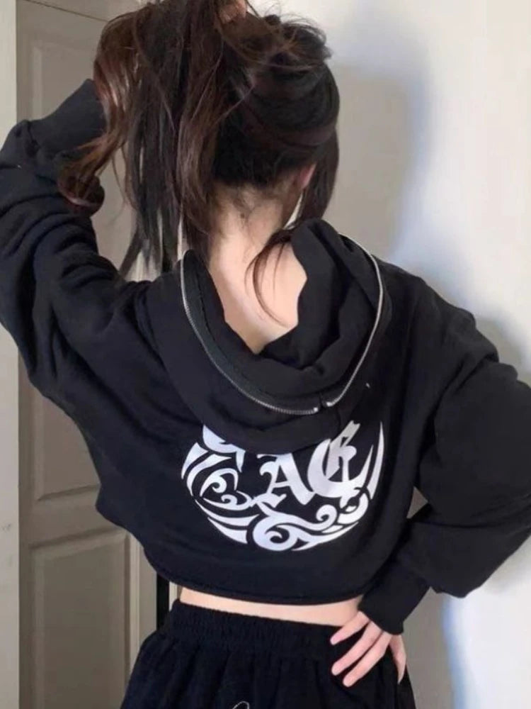Goth Print Hoodies Retro Harajuku Hip Hop Jacket High Street Zip Up Hoodie Sweatshirt Clothes Y2k Crop Tops