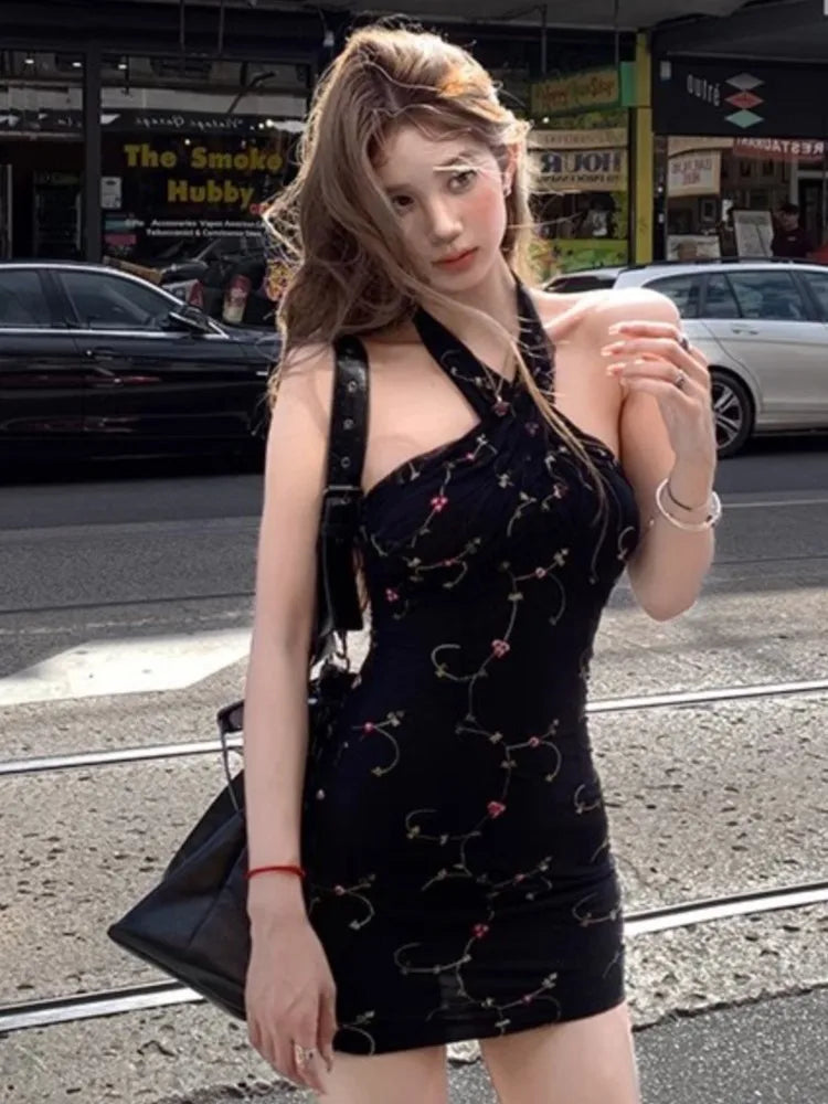 Y2k Hot Girl Bodycon Dress Evening Party Mini Dresses Summer Korean Sleeveless Flower Vestidos