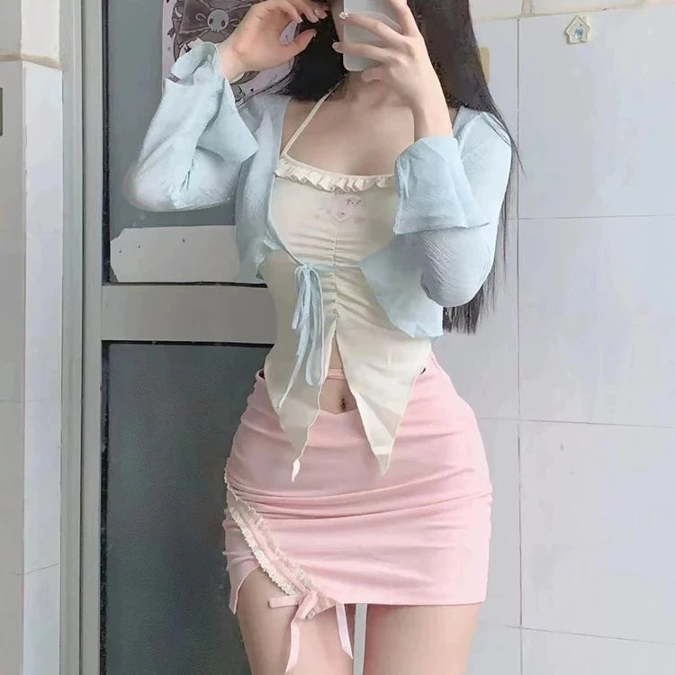 2000s Japanese Gyaru Hot Fairy Core Outfits 3 Piece Set Kawaii Camisole + Coquette Bolero Mini Micro Skirt