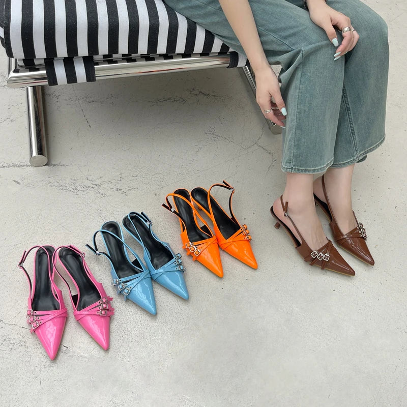 Orange Ladie Pumps Pink High Heels Pointed Toe Slingback Shoes Belt Buckle Low Heel Summer Office Shoes Blue