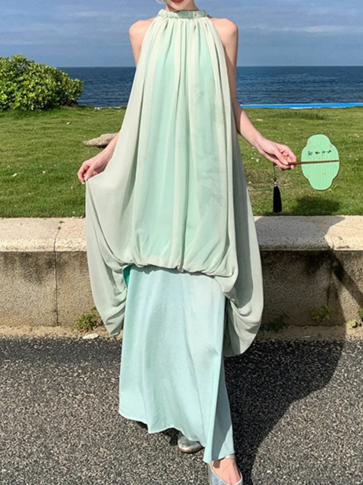 Sleeveless Summer Midi Dress Halter Loose Party Beach Holiday Vestidos Female Clothes New Robe