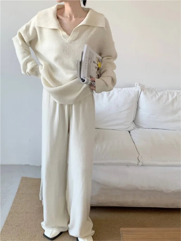 Autumn Winter ’s Knitted 2-piece Set Lapel Pullover Sweater Long Pants Korean Female Clothing Knitwear New